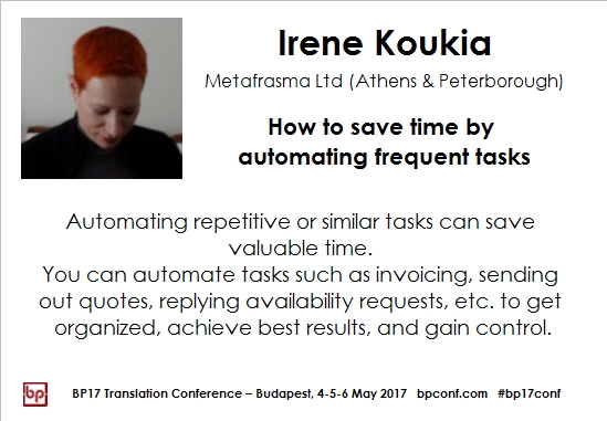 BP17 Translation Conference Irene Koukia automating frequest tasks session card