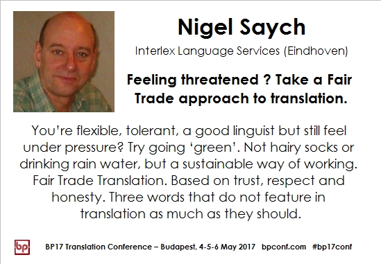 BP17 Translation Conference Nigel Saych Fair trade translation session card