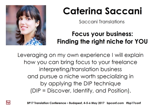 BP17 Translation Conference Budapest Caterina Saccani finding the right niche session card